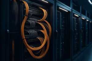 Close-up de um moderno data center com racks de servidores e cabeamento de rede