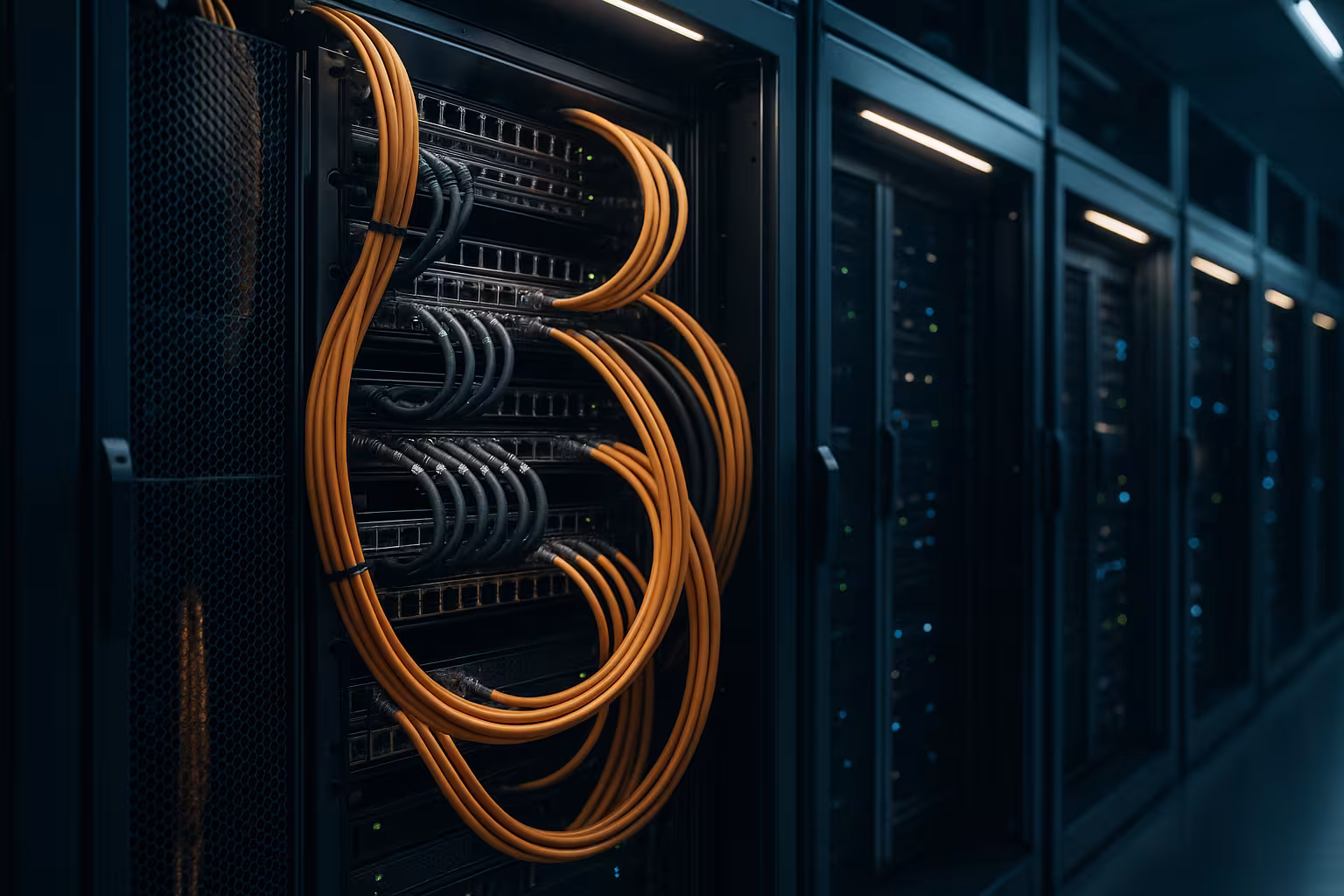 Prim plan al unui centru de date modern cu rafturi pentru servere și cabluri de rețea