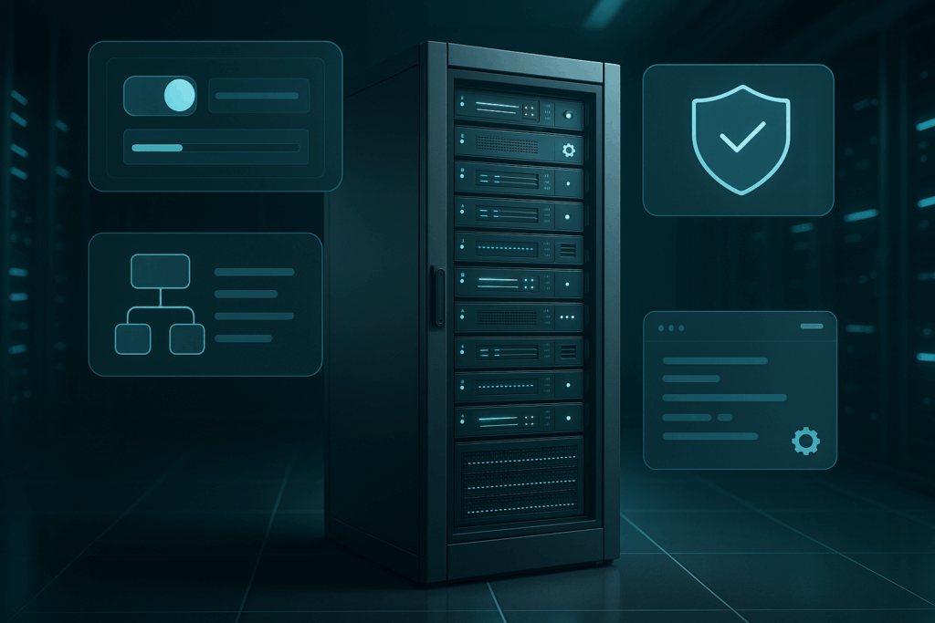 Модерен сървърен шкаф в център за данни с абстрактен интерфейс на панела