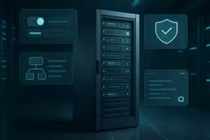 Modernes Serverrack in Rechenzentrum mit abstrahiertem Panel-Interface