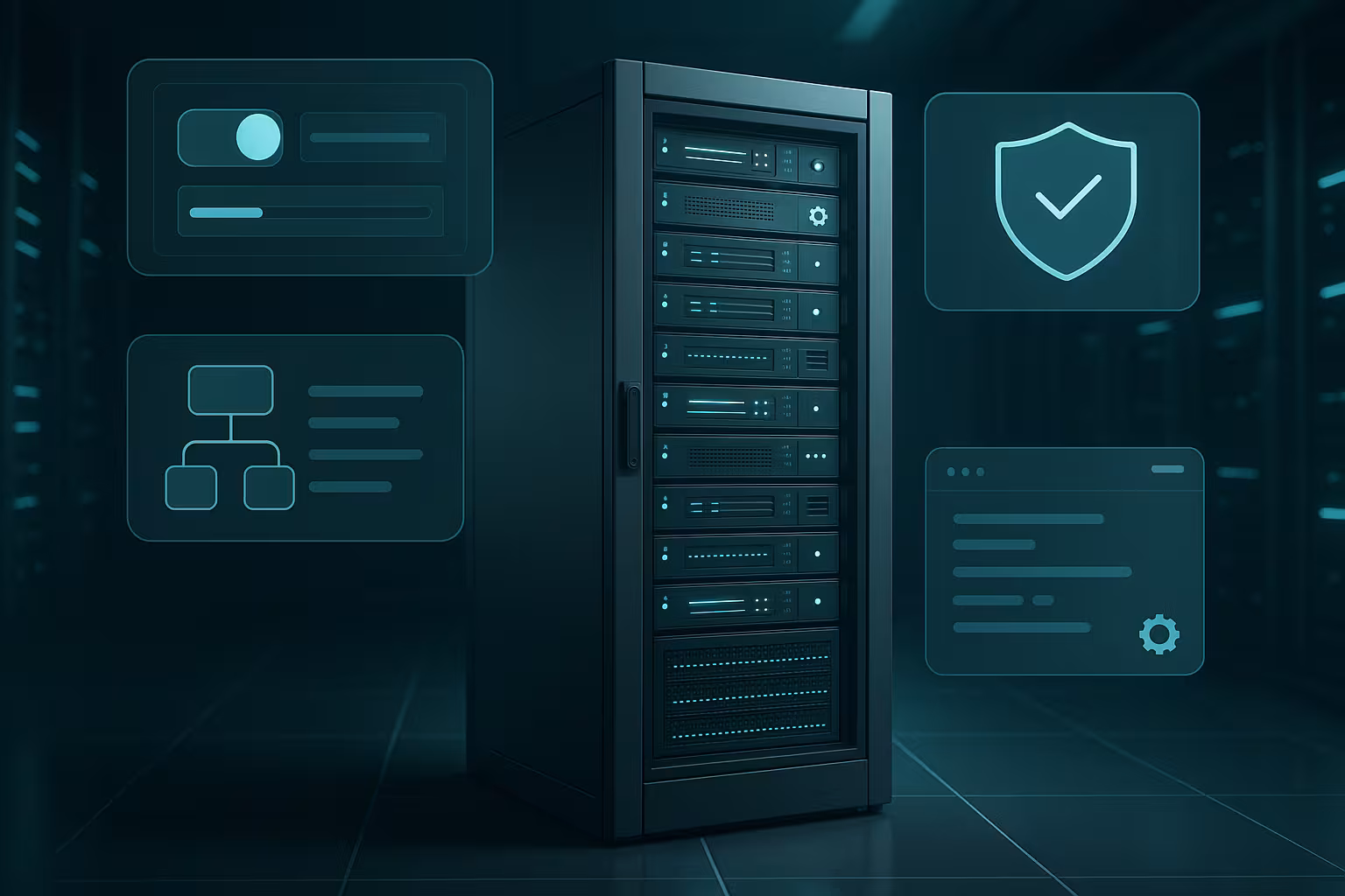 Moderno rack per server in un centro dati con interfaccia a pannello astraente