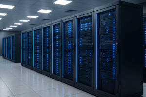 Modern server racks with blue LED light in a high-tech data center for SLA optimization