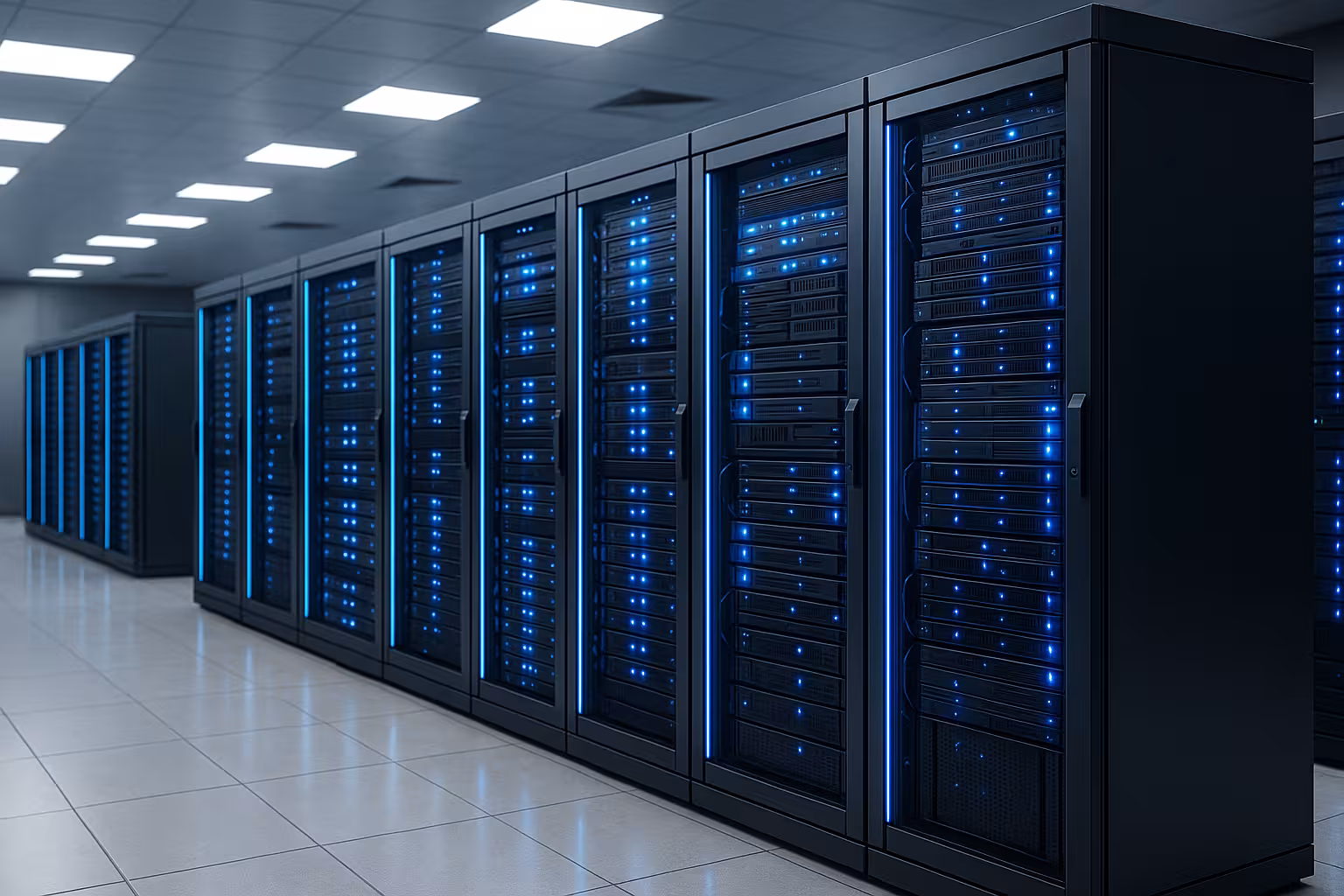 Moderni rack di server con luce LED blu in un data center high-tech per l'ottimizzazione degli SLA