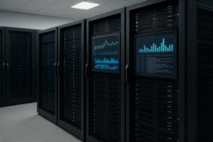 Sala de servidores com análise centralizada de registos e painel de controlo