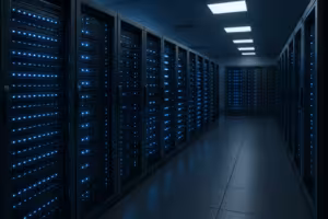 Modernt, fotorealistiskt serverrum med högteknologiska komponenter som symbol för professionell IONOS webbhosting