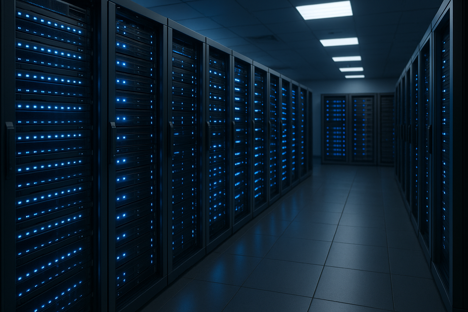 Moderna sala server fotorealistica con componenti high-tech come simbolo del web hosting professionale IONOS