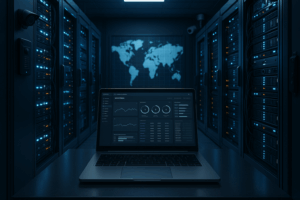 Moderner Serverraum mit leistungsstarken Servern und Sicherheitstechnik für Premium Webhosting