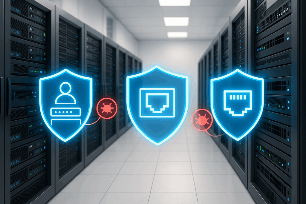 Fotorealistična ilustracija: Sodobna strežniška soba z digitalnim varnostnim ščitom za zaščito pred napadi s prijavo