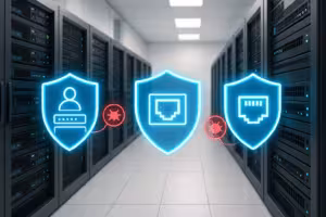 Illustrazione fotorealistica: moderna sala server con scudo di sicurezza digitale per proteggere dagli attacchi di login