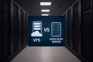 Photorealistic servers in the data center, dedicated server and VPS comparison