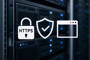 Web server with symbols for HTTPS, security and browser for displaying security headers.