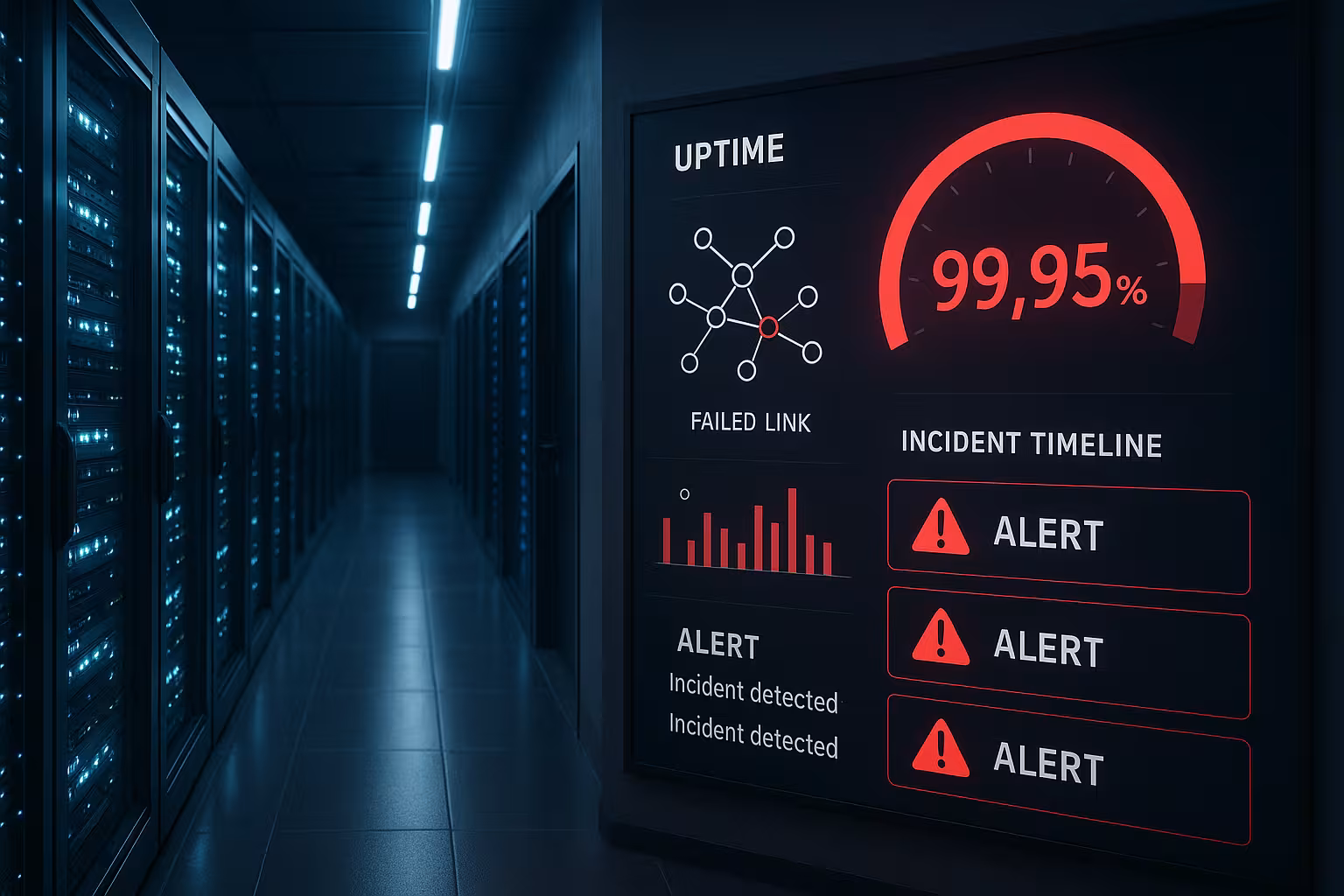 Vizualizarea unei încălcări a SLA în hosting: rafturi de servere, afișare uptime sub 99,99 %, alerte roșii și conexiune de rețea întreruptă.