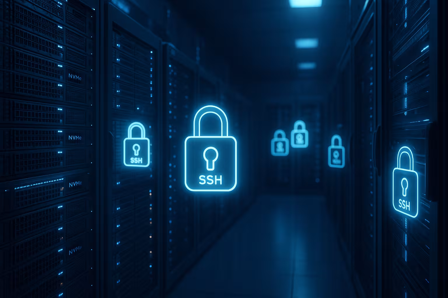 Moderna sala server con SSD NVMe e luci blu per l'hosting SSH