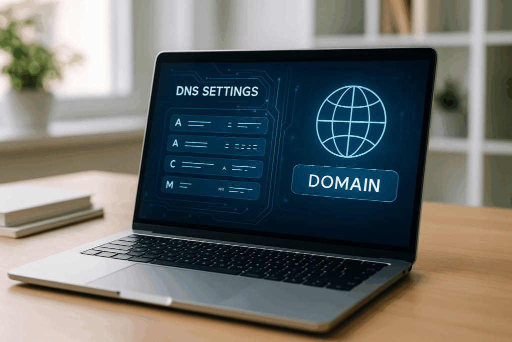 Лаптоп с отворени DNS настройки за външна връзка на домейн Strato