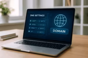 Laptop med åbne DNS-indstillinger for ekstern forbindelse til et Strato-domæne