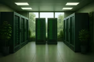 Moderna sala server con illuminazione verde per un hosting sostenibile