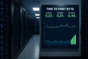 Szerverterem műszerfallal a Time to First Byte (TTFB) elemzéshez és webtárhelyhez