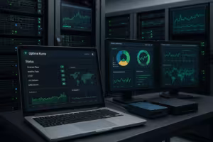 Sala de servidores com monitores para ferramentas de monitoramento de tempo de atividade e painel de controle de laptop