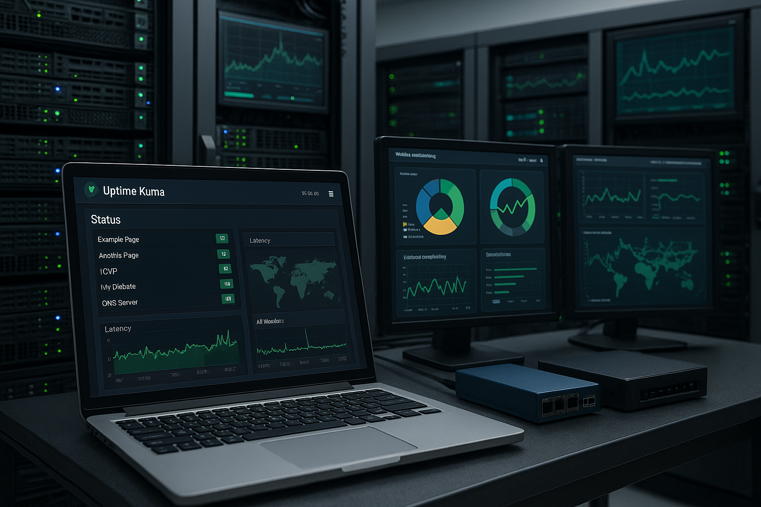 Sala server con monitor per strumenti di monitoraggio dell'uptime e dashboard per laptop