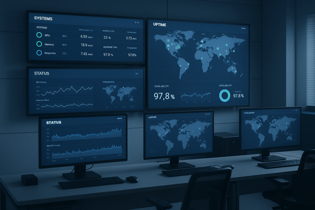 Nadzorni center z monitorji za orodja za spremljanje časa delovanja in prikaz globalnega stanja