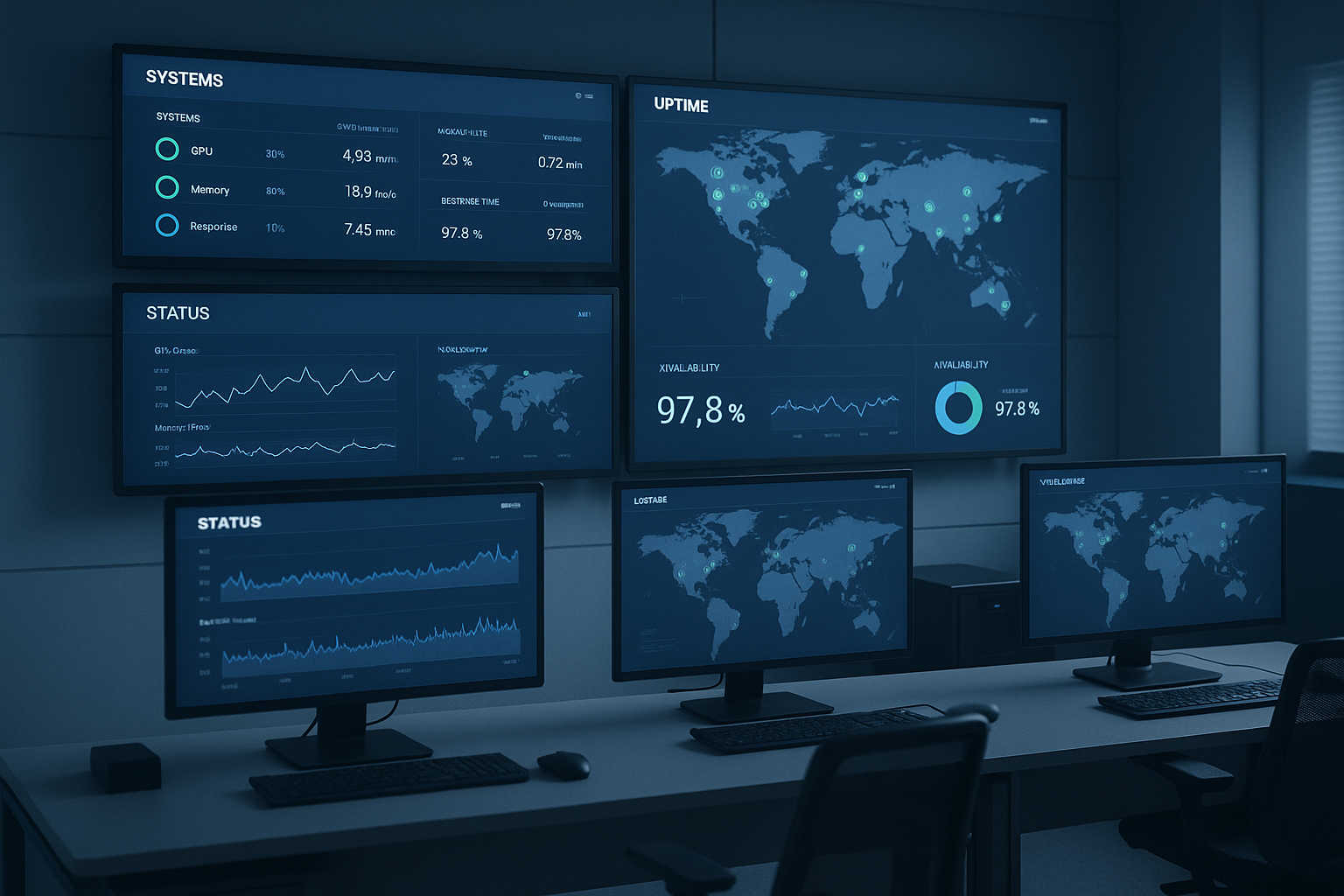 Centru de control cu monitoare pentru instrumentele de monitorizare a timpului de funcționare și afișarea stării globale