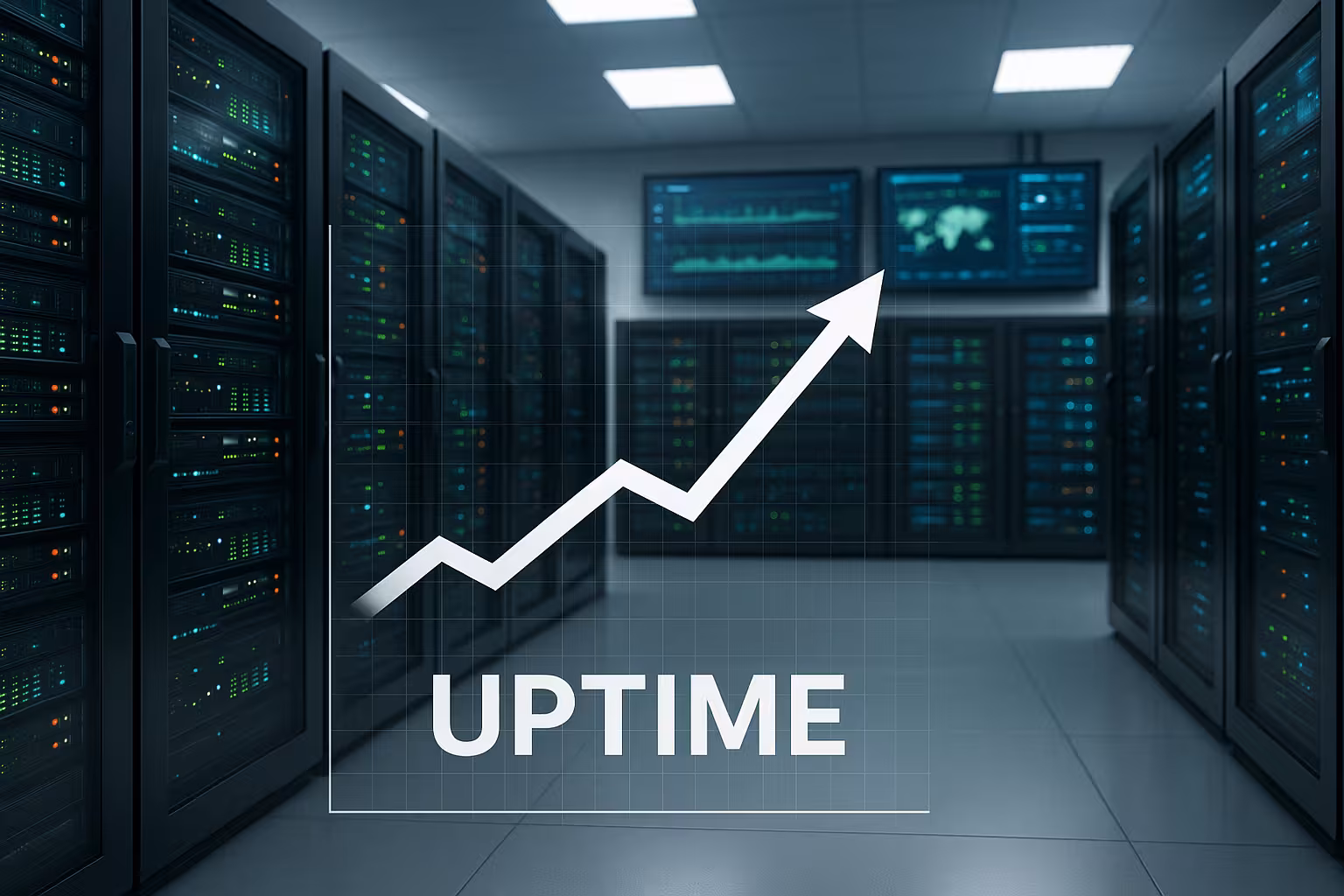 Moderno centro dati con infrastruttura server ridondante e monitoraggio dell'uptime