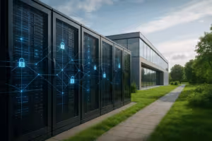 Centru de date european modern cu fațadă din sticlă și server