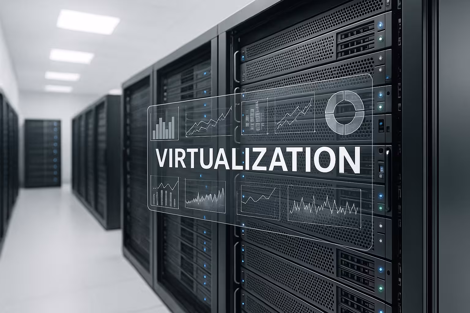 Sală de servere virtuală cu rafturi de servere moderne și interfață digitală