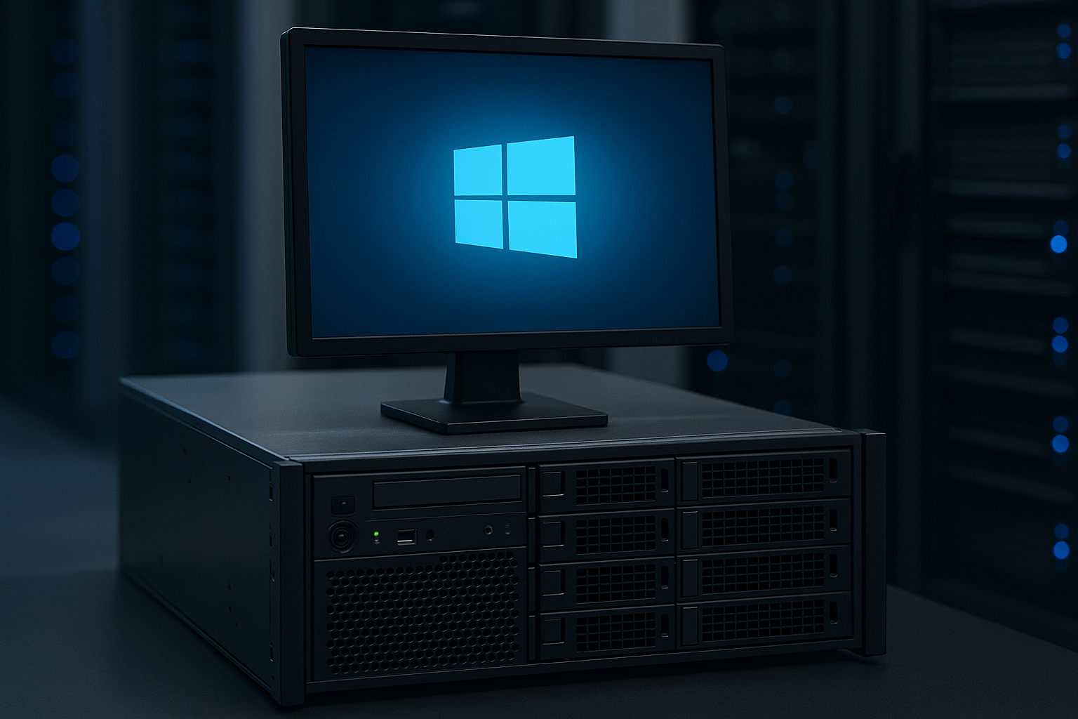 Un server cu logo-ul Windows pe un ecran