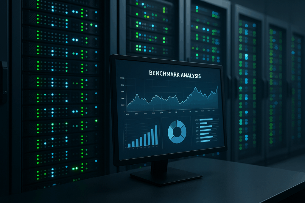 Strežniške omare in računalniški zaslon s primerjalnim diagramom