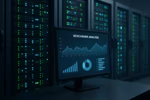 Сървърни шкафове и компютърен екран със сравнителна диаграма