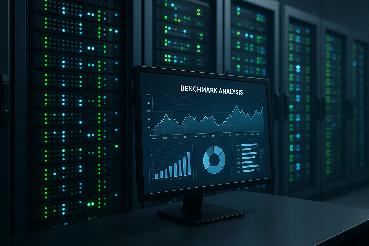 Rack di server e schermo di computer con diagramma di riferimento