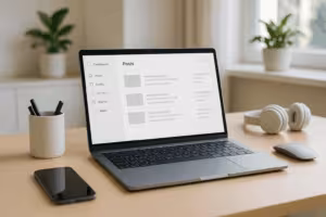Moderner Arbeitsplatz mit Laptop als Symbol für Webhosting für Blogger