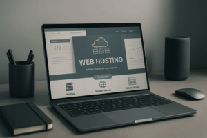 Moderni web hosting setup kannettavan tietokoneen ja sivustoja taustalla