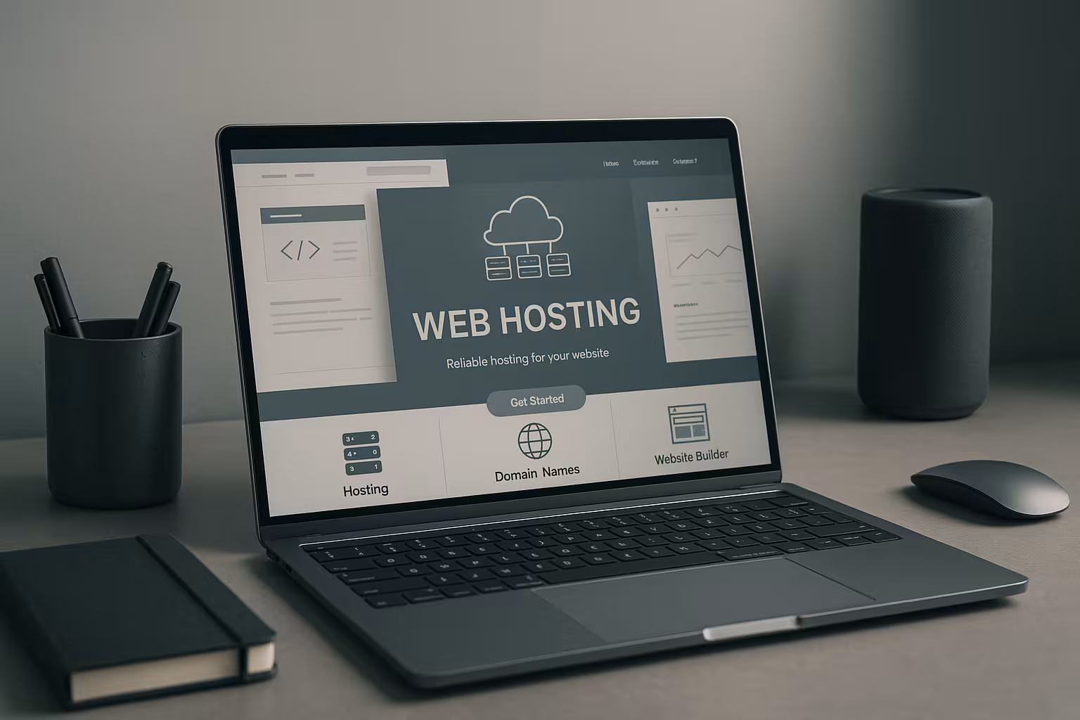 Configurazione moderna del web hosting con laptop e siti web sullo sfondo