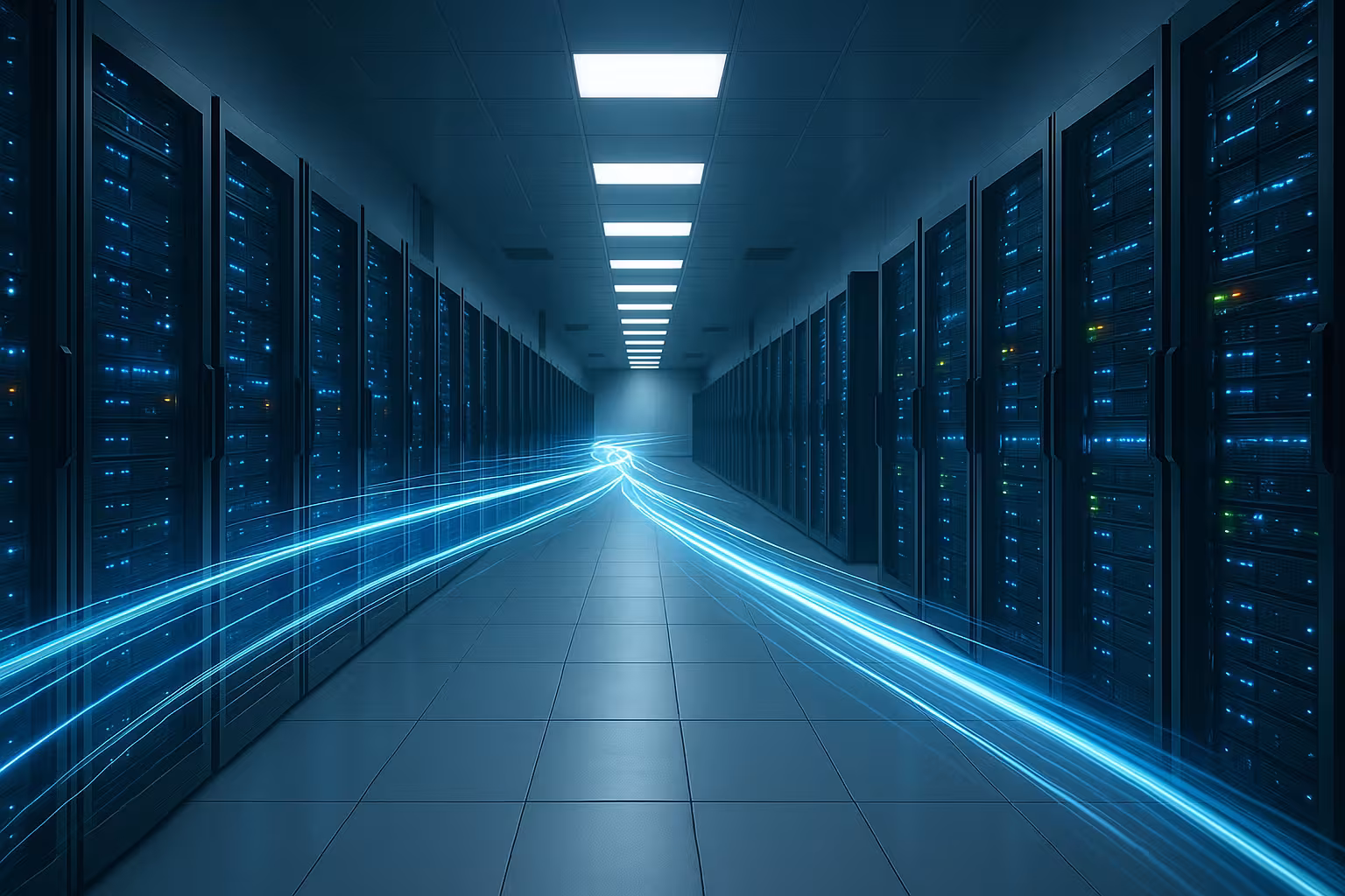 Centro dati fotorealistico con server moderni per un web hosting veloce