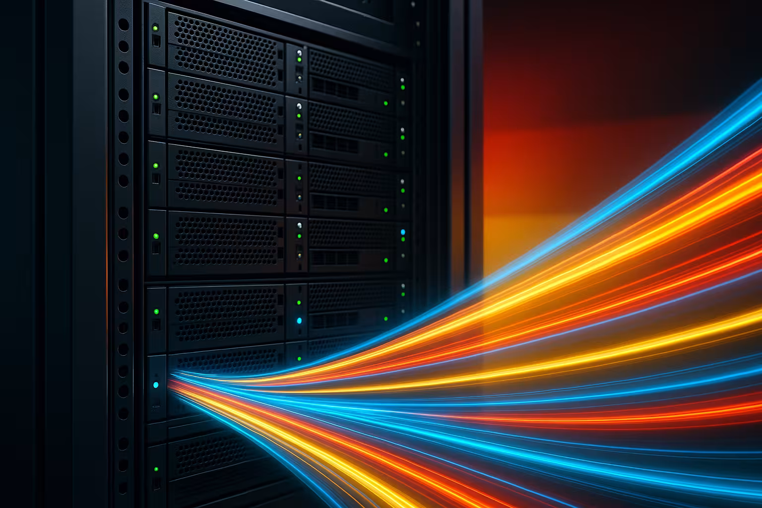 Moderno rack di server con flussi di dati per l'hosting flat del traffico