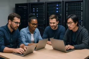 A equipa de desenvolvimento trabalha no alojamento Web para programadores com servidores modernos