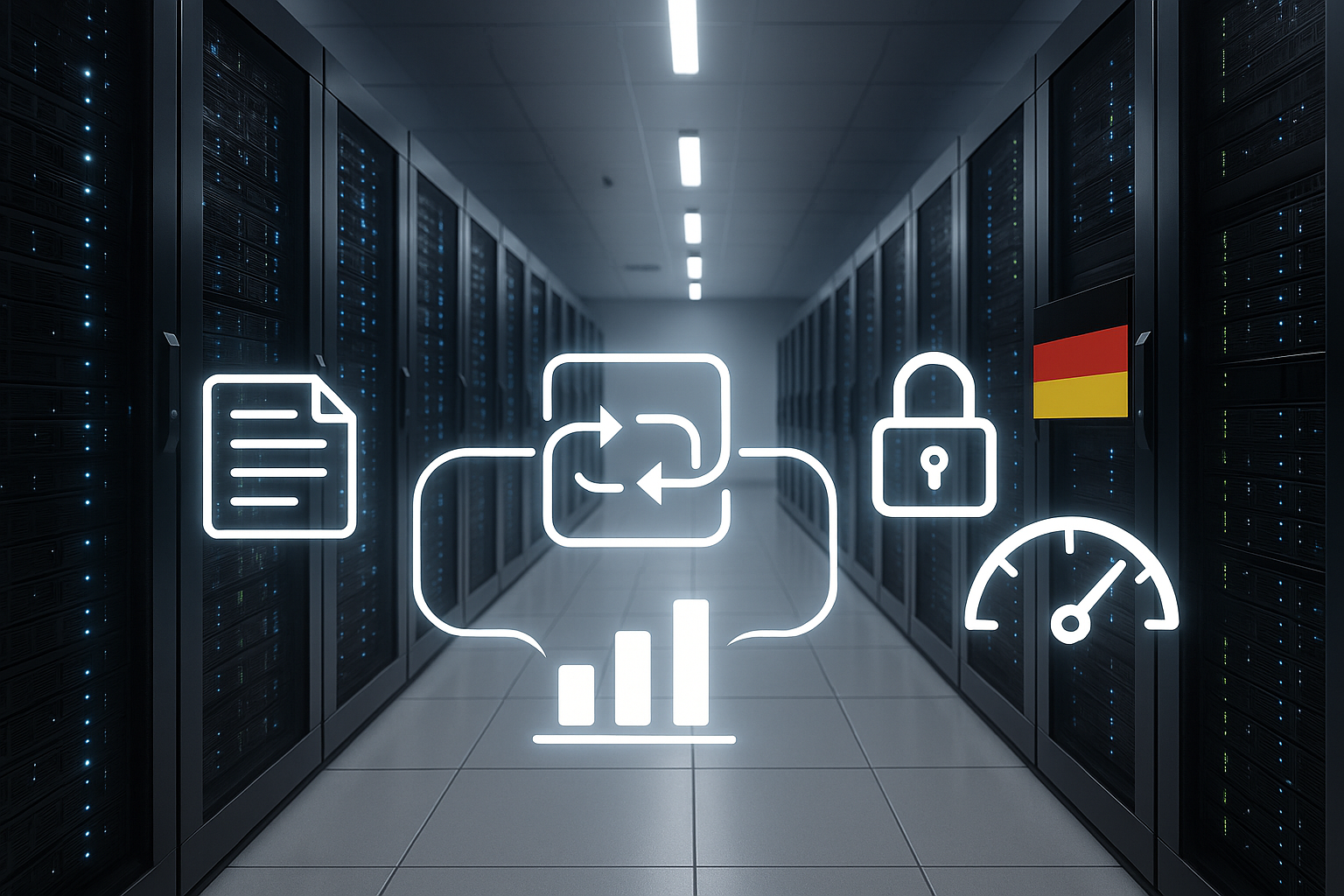 Centro dati fotorealistico con rack di server in Germania