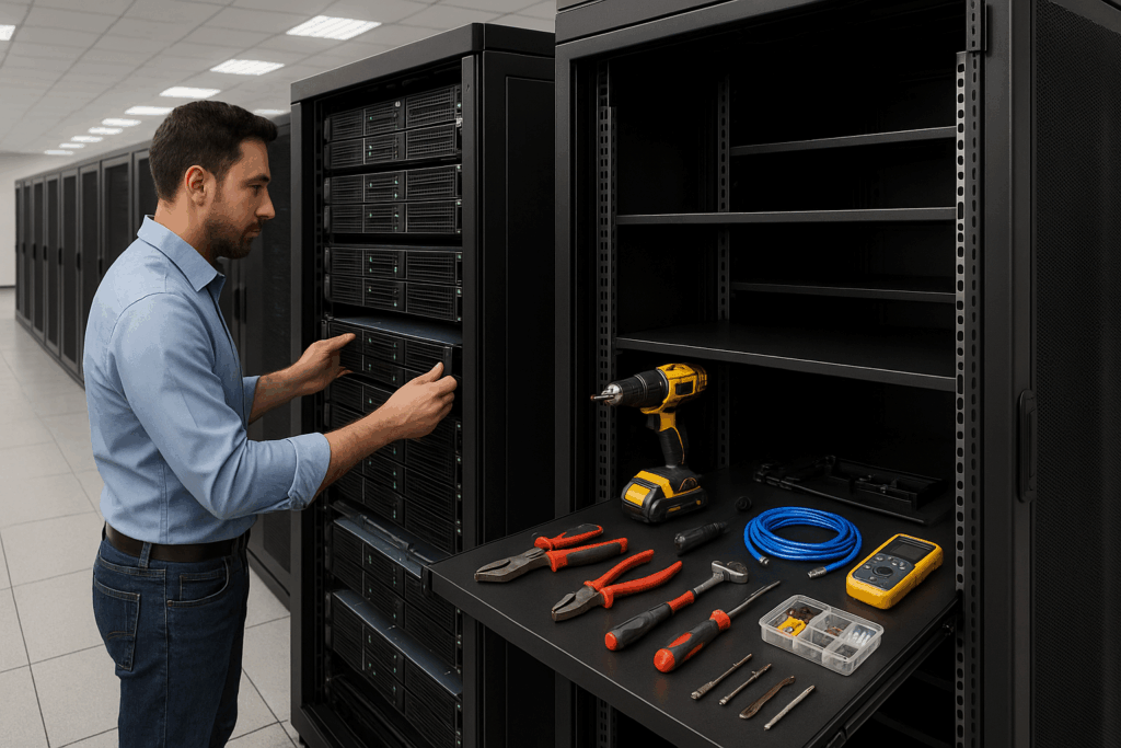 Фотореалистично изображение на съвременен сървърен шкаф с разделен изглед: вляво - техник, който извършва поддръжка (управляван сървър), вдясно - отворена технология с инструменти за самостоятелно управление (самоуправляван сървър).
