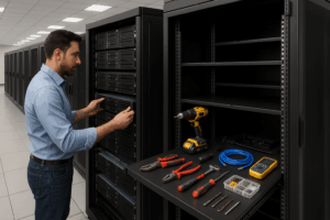 Fotorealistinis šiuolaikinio serverio stovo vaizdas, kuriame matyti išskaidytas vaizdas: kairėje - techninės priežiūros specialistas (valdomas serveris), dešinėje - atvira technologija su nepriklausomo administravimo įrankiais (savarankiškai valdomas serveris).