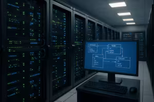 Fotorealistische serverruimte met moderne netwerkapparaten en monitor die een databasestructuur visualiseert