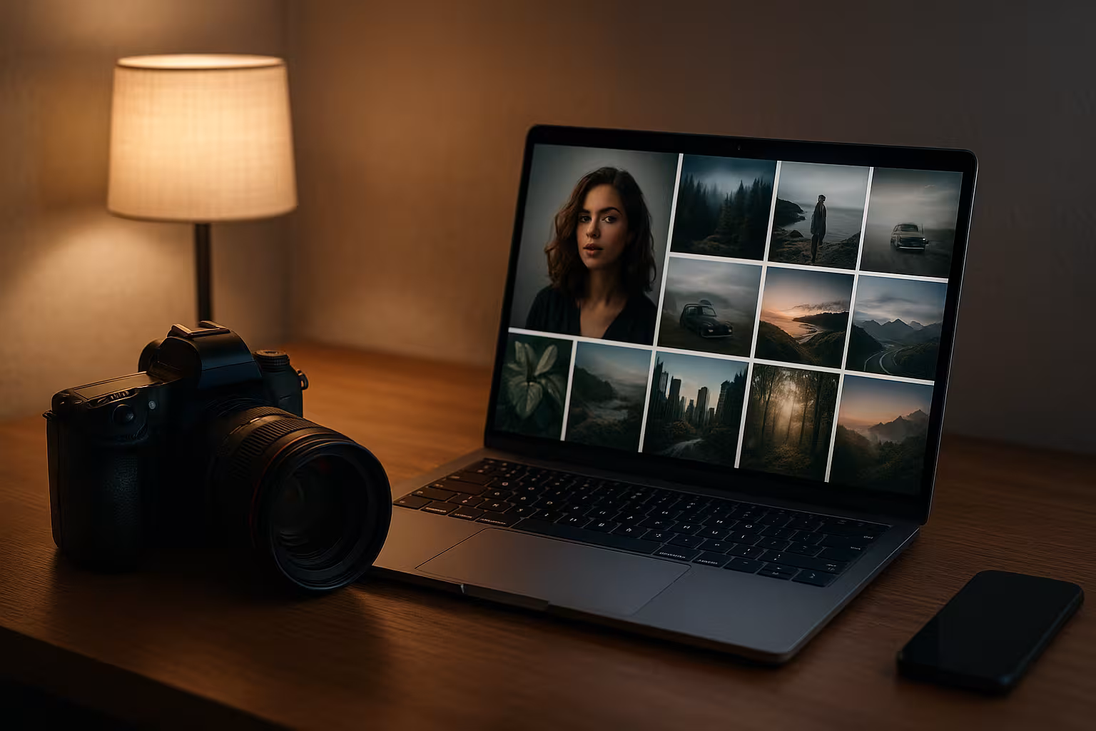 Moderna postazione di lavoro con macchina fotografica e computer portatile, su cui è possibile visualizzare un sito web fotografico professionale