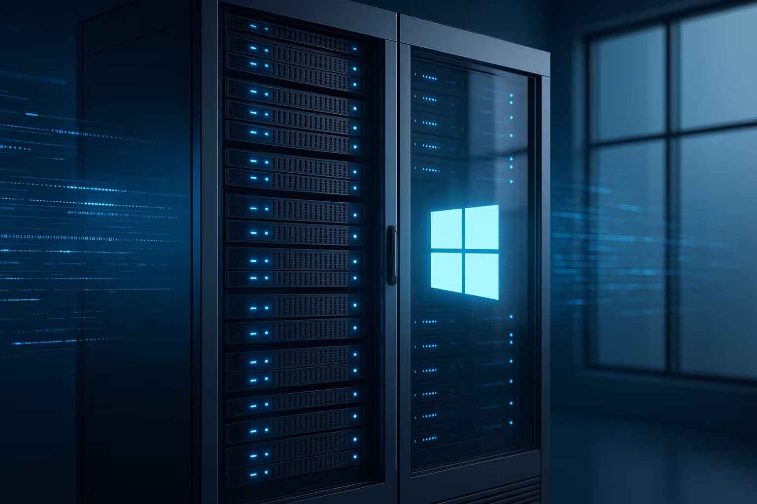 Server rack cu pictograme Windows și tehnologie VPS modernă