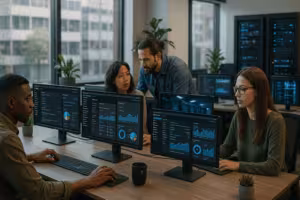 WordPressのダッシュボードを表示する複数のモニターを備えた近代的な代理店オフィス。