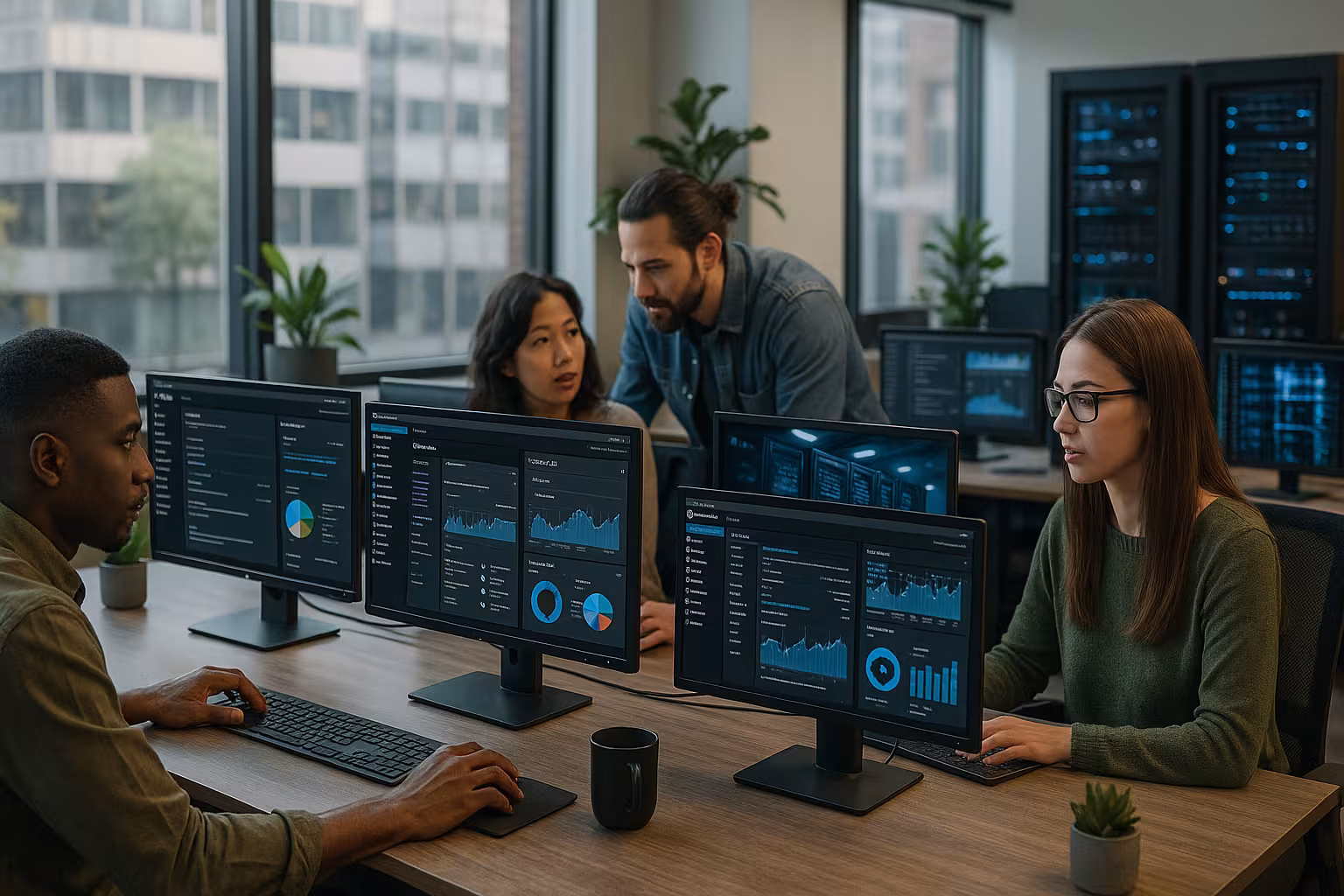 WordPressのダッシュボードを表示する複数のモニターを備えた近代的な代理店オフィス。