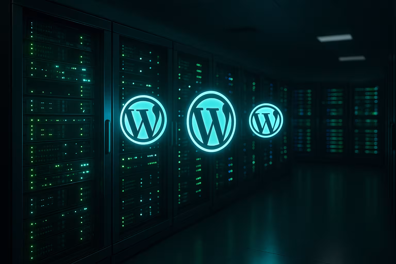 Sala server con loghi WordPress - confronto tra hosting moderni