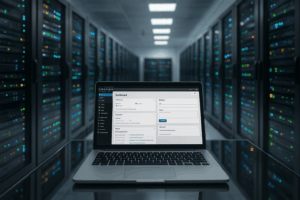 ノートパソコンとWordPressバックエンドを備えた近代的なサーバールームは、WordPressのREST APIパフォーマンスを高速化するシンボルです。