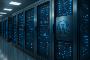 Serverruimte met moderne hostingservers en zachte WordPress-elementen