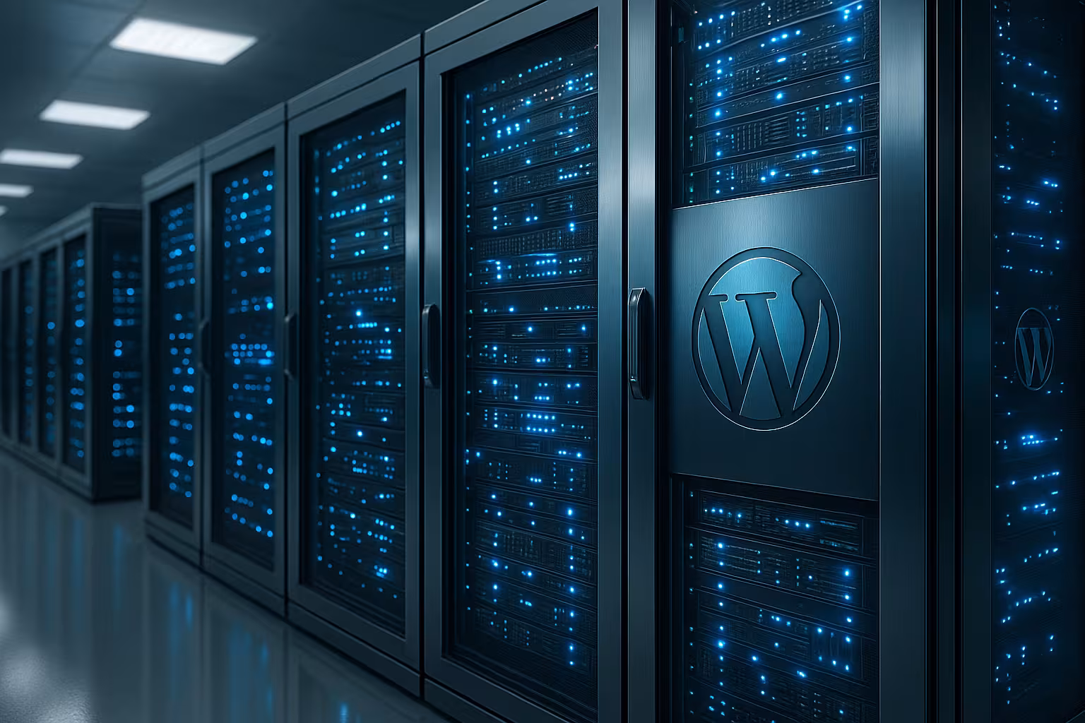 最新のホスティング・サーバーとソフト・ワードプレス・エレメントを備えたサーバールーム